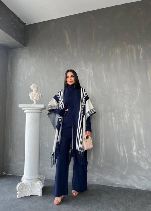 Ensemble 3 pièces rayé en laine douce – Élégance & confort absolu