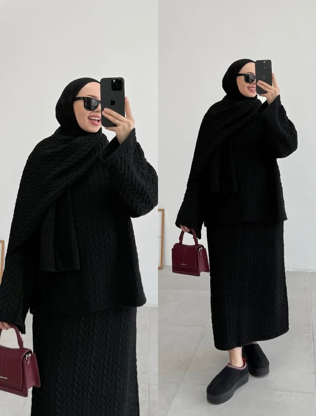 Ensemble 3 pièces jupe longue en tricot avec cache-col – Élégance & confort