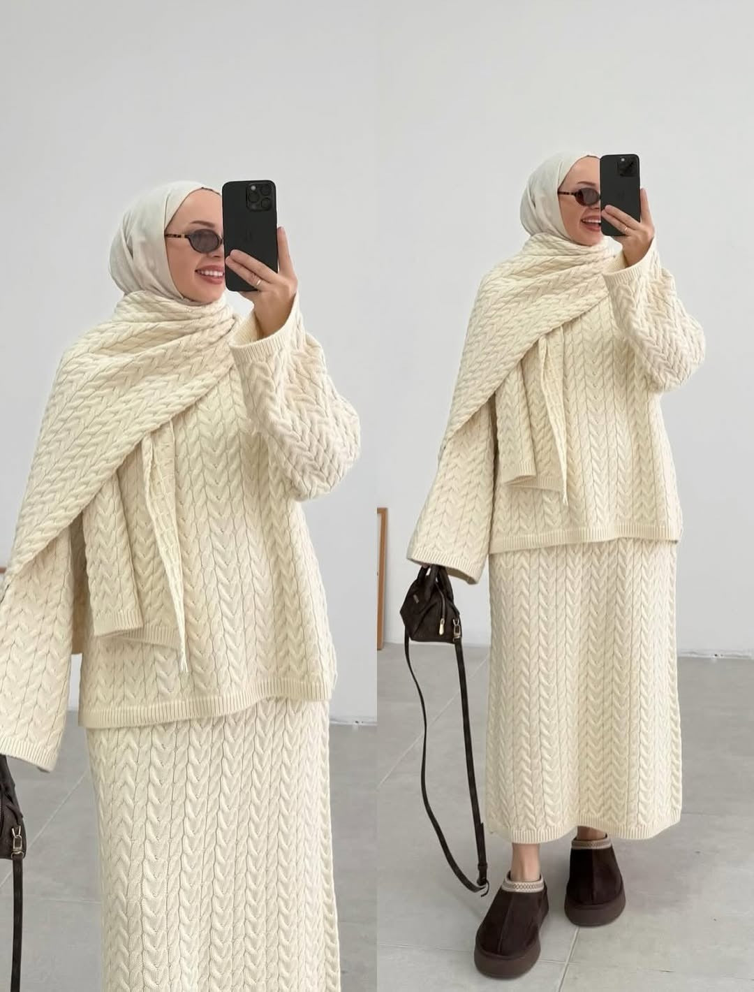 Ensemble 3 pièces jupe longue en tricot avec cache-col – Élégance & confort