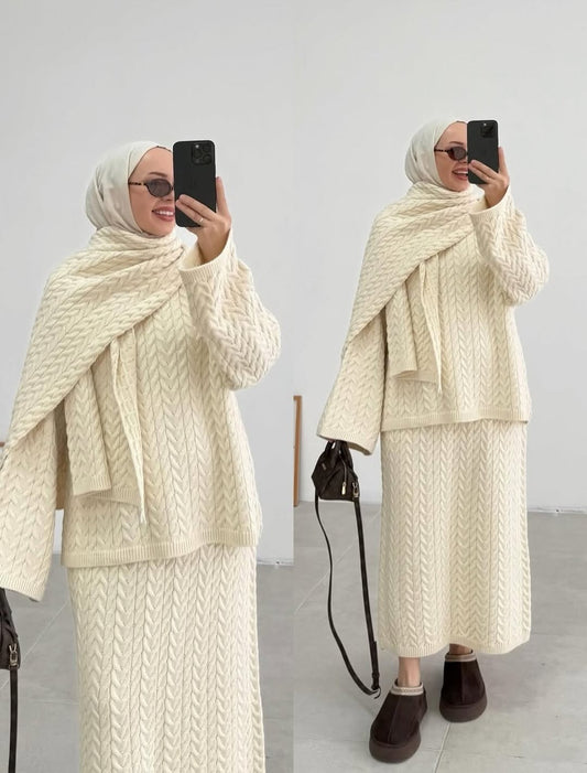 Ensemble 3 pièces jupe longue en tricot avec cache-col – Élégance & confort