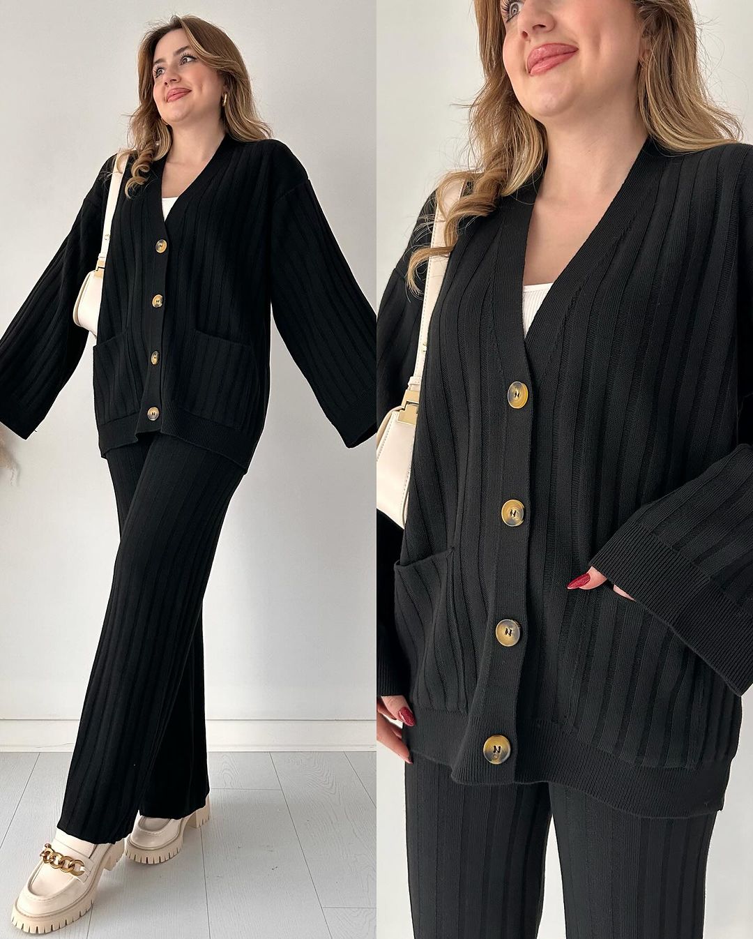 Ensemble simple à boutons, confectionné en laine douce et confortable