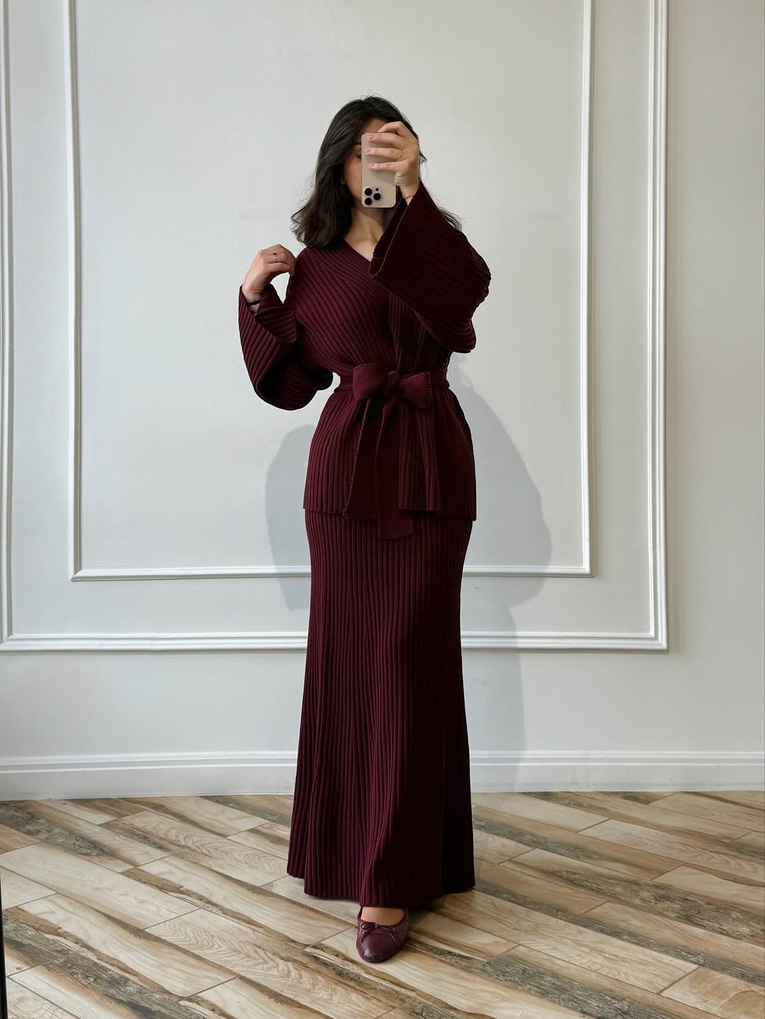 Ensemble en maille douce 2 pièces – Jupe &amp; Kimono avec ceinture