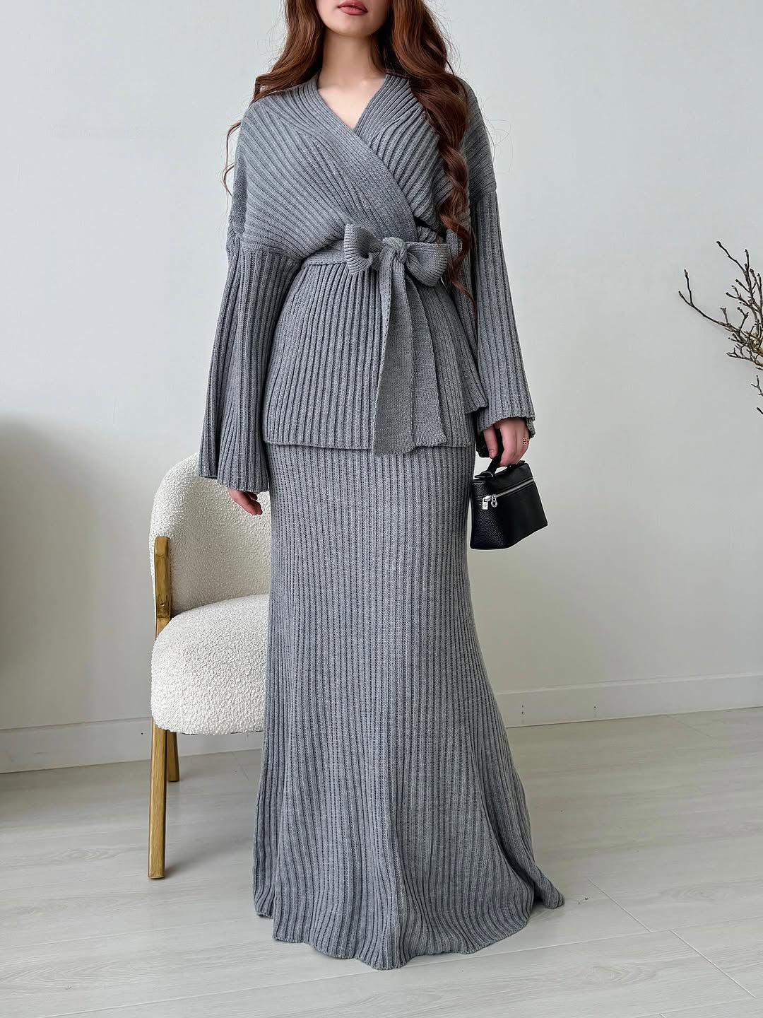 Ensemble en maille douce 2 pièces – Jupe &amp; Kimono avec ceinture